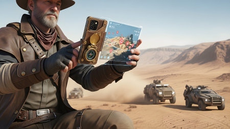 An adventurer in a desert holds a transparent phone displaying a holographic map with off-road...の写真素材
