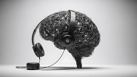 A black sculpture of a human brain made of tangled wires wearing black headphones, isolated on a...の写真素材