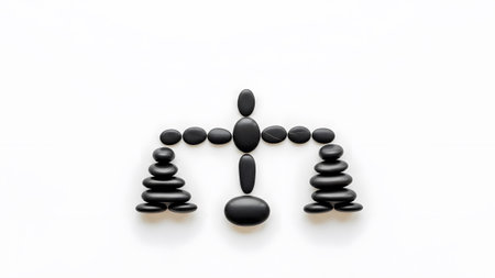 A balance scale symbol is meticulously crafted from stacked black stones against a clean white...の写真素材
