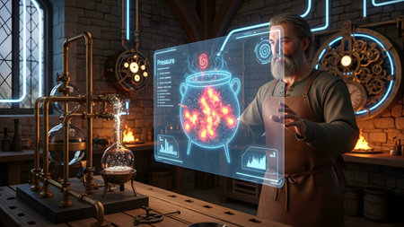 Monitor showing alchemist using holographic interface to monitor bubbling cauldron with glowing...の写真素材
