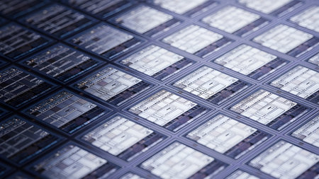 Close-up of a silicon wafer grid displaying complex microchip with a cool, reflective metallic...の写真素材