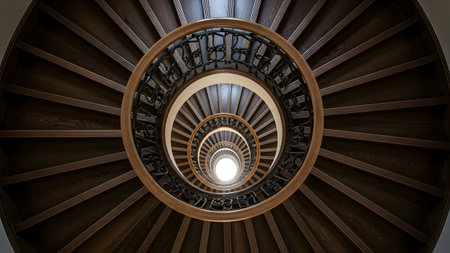 Staircase showing detailed wooden spiral staircase descending with ornate metal railing.の写真素材
