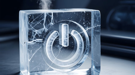 A cracked ice cube with a power symbol etched inside is emitting steam, set against a dark,...の写真素材
