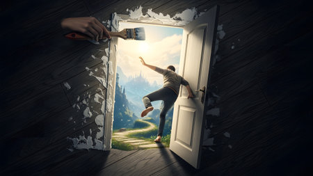 A person falls through a painted doorway into a bright fantasy landscape with mountains and a...の写真素材