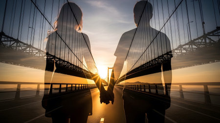 Couple showing double exposure of a couple holding hands with a bridge at sunset.の写真素材