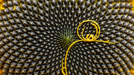 Detailed macro shot of a sunflower head's seed pattern with a yellow string forming a spiral shape.の写真素材