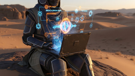 A person in futuristic armor sits in a desert, interacting with a glowing blue and orange...の写真素材