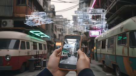 Displaying showing hands holding smartphone displaying augmented reality buildings in a grimy...の写真素材