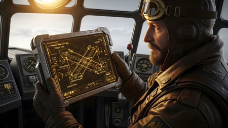 A man wearing aviator goggles and a leather jacket studies a holographic display in a vintage...の写真素材