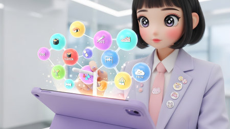 Anime girl in a lavender suit and pink tie uses a purple tablet with colorful holographic...の写真素材