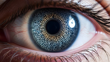 Labyrinth showing human eye with a white labyrinth pattern in the iris and a dark pupil with...の写真素材
