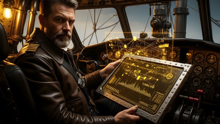 A bearded pilot in a leather jacket examines a holographic display in a detailed steampunk...の写真素材