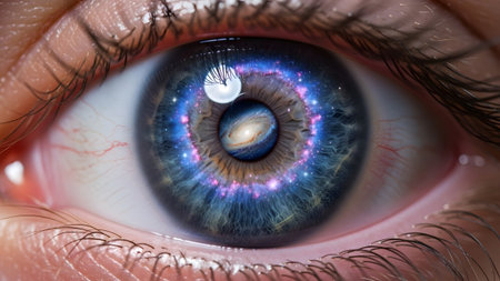 Close-up of a human eye iris reflecting a colorful spiral galaxy with bright stars and nebulae.の写真素材