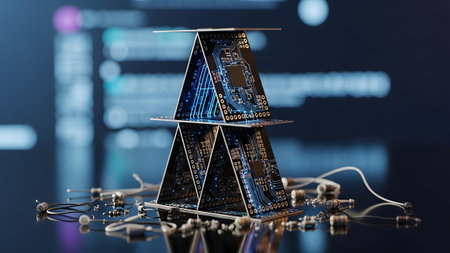 A house of cards built from circuit boards with blue light accents sits on a reflective surface.の写真素材