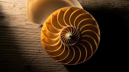 A detailed cross-section of a nautilus shell reveals its intricate spiral chambers, set against...の写真素材