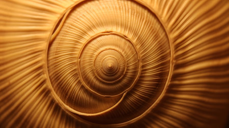 An extreme close-up reveals the intricate, golden spiral pattern and concentric rings of a...の写真素材