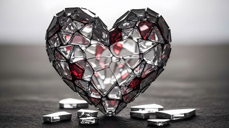 A heart shape composed of clear and red glass fragments, with loose pieces scattered on a dark...の写真素材