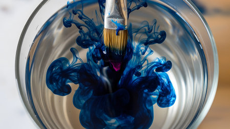 Paintbrush showing close-up of paintbrush with blue ink dissolving in clear water creating dark...の写真素材