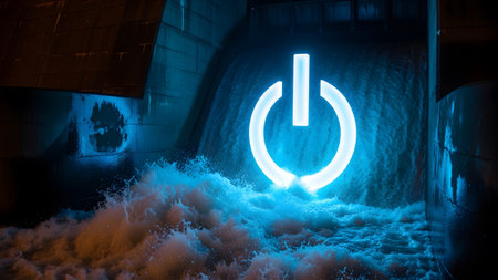 A bright blue power button symbol is illuminated by cascading water at a dam, with powerful...の写真素材