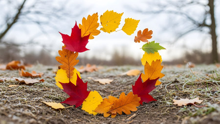 showing circle of colorful autumn leaves arranged on frosty ground with blurred trees....の写真素材