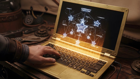 A hand types on a golden steampunk laptop, its screen showing a glowing network diagram with...の写真素材