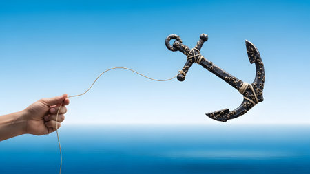 showing hand holding a decorative anchor on a string against a clear blue sky and ocean...の写真素材