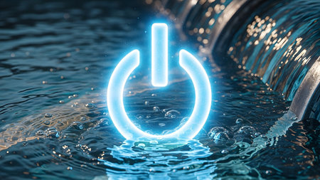 A bright blue neon power symbol floats on dark, choppy water with light reflecting....の写真素材