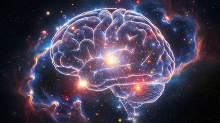 A human brain outline glows brightly with internal light and scattered stars within a colorful...の写真素材