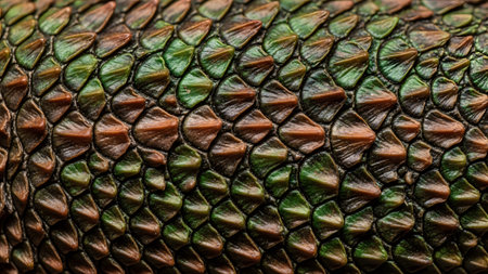 showing macro of green and brown reptile scales with sharp edges and reflective surfaces....の写真素材