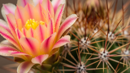 Close-up of a vibrant cactus flower with pink and orange petals, showing water droplets and...の写真素材