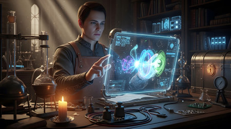 showing man in apron and tunic pointing at a vibrant holographic display in a sunlit...の写真素材