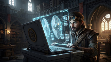 Screens showing man with goggles and steampunk attire using a laptop with holographic data...の写真素材