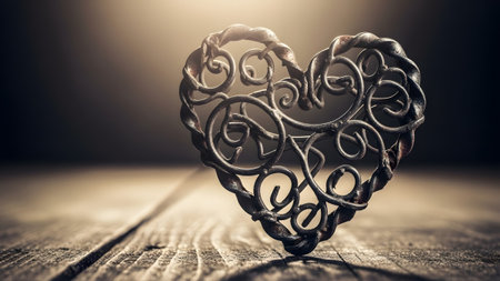 showing ornate wrought iron heart sculpture with intricate swirling patterns on a rustic...の写真素材