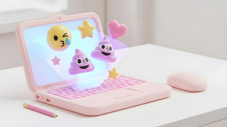 Emojis showing pink laptop with glowing emojis and hearts floating above the keyboard and...の写真素材