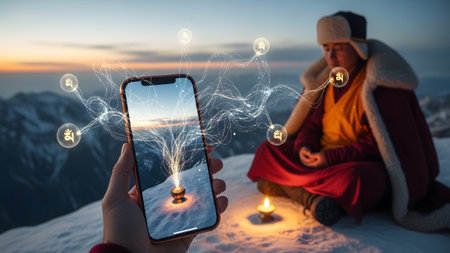 (63) showing person in warm clothing holding smartphone with glowing om symbols in snowy...の写真素材