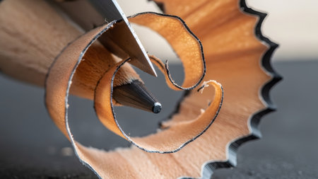 A sharp knife shaves a pencil, creating a dynamic swirl of wood shavings against a dark,...の写真素材
