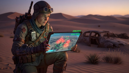 A person in rugged gear holds a futuristic tablet displaying a map in a desolate desert environment.の写真素材