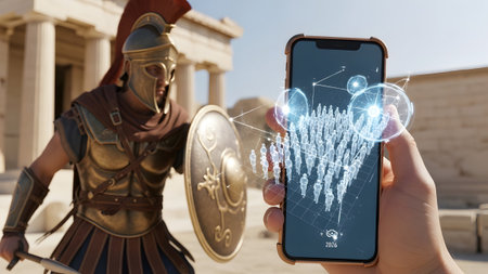 A Spartan warrior with a spear and shield looks at a smartphone displaying a holographic...の写真素材