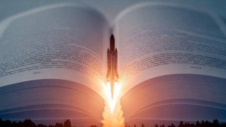 A space shuttle ascends from an open book with visible text, set against a vast, star-filled...の写真素材