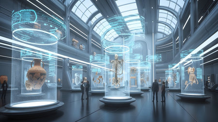 Pottery showing science museum exhibit with anatomical skeletons and ancient pottery in tall...の写真素材