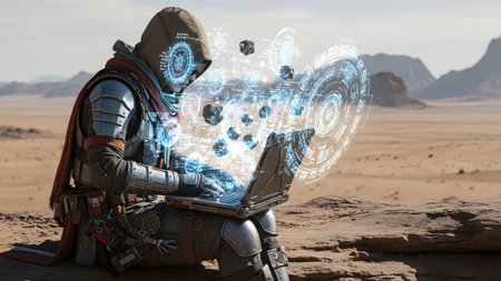 A person in detailed desert armor uses a laptop, with a bright blue holographic interface...の写真素材