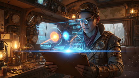 A woman in steampunk attire with glasses studies a bright holographic interface displaying...の写真素材