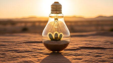 A small cactus thrives in sand within a glass light bulb, bathed in the warm light of a desert...の写真素材