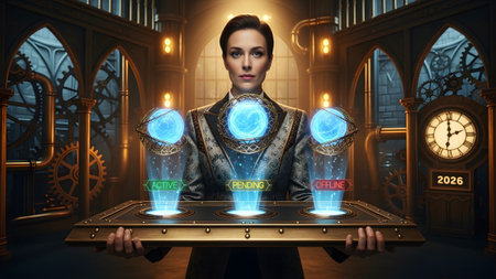 showing steampunk woman holding a futuristic display with active pending offline status...の写真素材