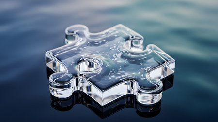 A transparent glass puzzle piece sits on a dark blue water surface, showing reflections and...の写真素材