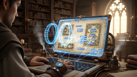 A person in a robe interacts with a glowing laptop showing digital interfaces and data in a library.の写真素材