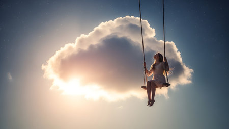 Starry showing young woman on a swing suspended from a large cloud against a starry sky at...の写真素材