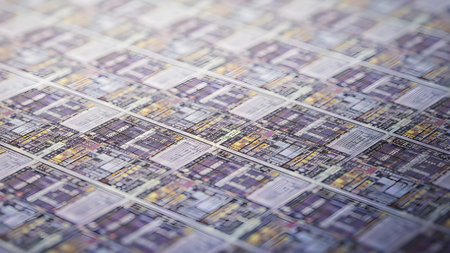 A detailed perspective of numerous silicon wafers arranged in rows, showcasing intricate...の写真素材