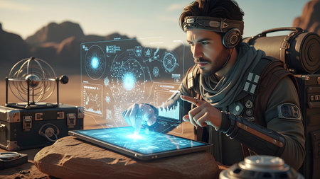 Projections showing man in desert setting using a futuristic tablet with holographic data...の写真素材