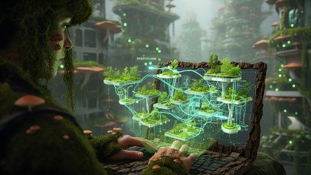 Uses showing person in mossy gear uses laptop showing holographic irrigation system in...の写真素材